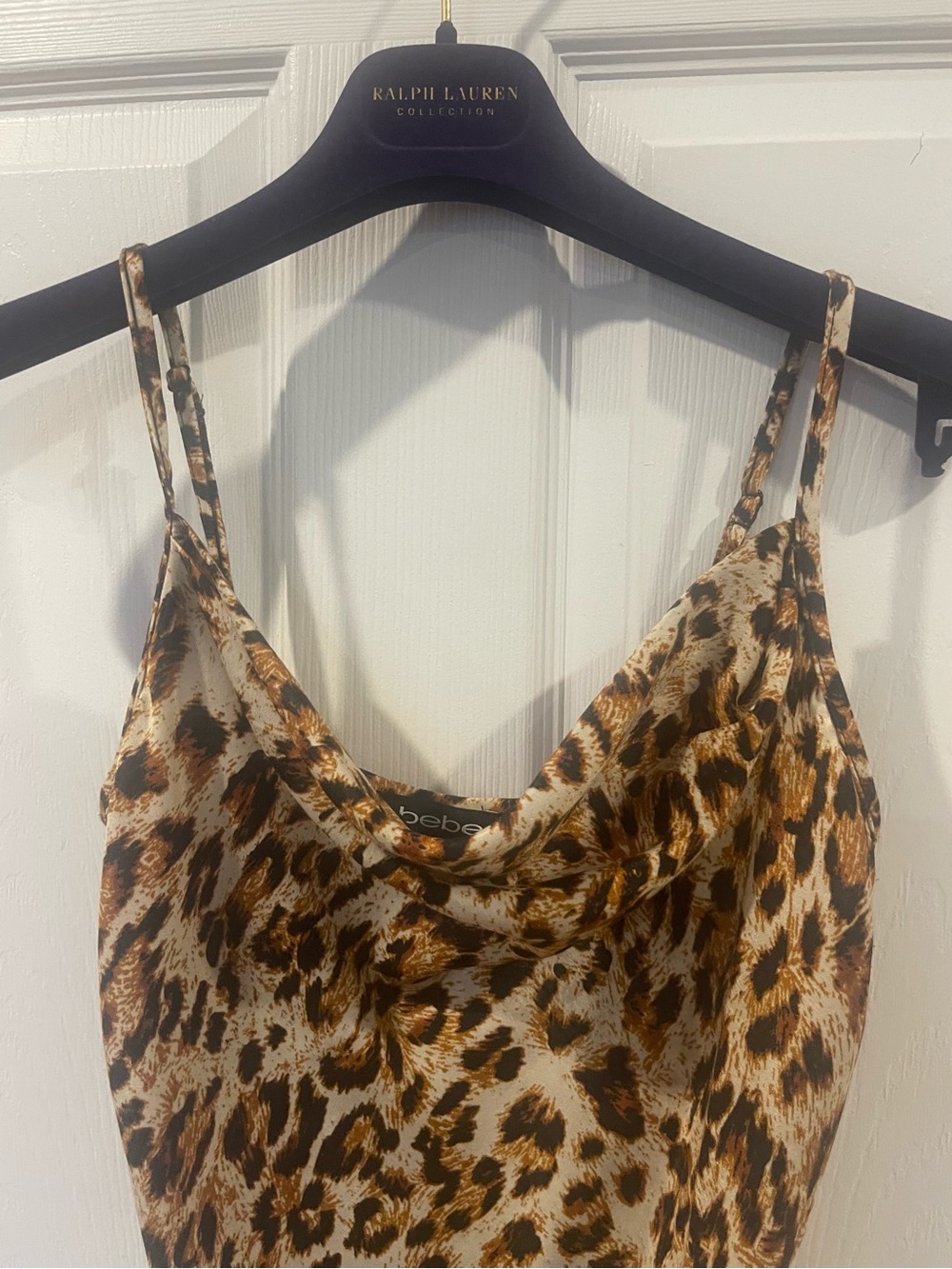 bebe Y2K Leopard-Print Cowl Neck Slip satin mini Dress in Brown & Black